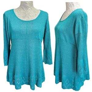 J. Peterman Teal Bamboo Viscose Pointelle Knit 3/4 Sleeve Longline Top Large